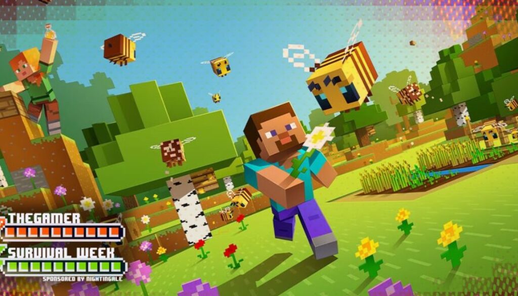 minecraft-players-chasing-bees-with-flowers-with-thegamer-survival-week-in-the-bottom-left-corner-on-top-of-a-health-and-stamina-bar.jpg